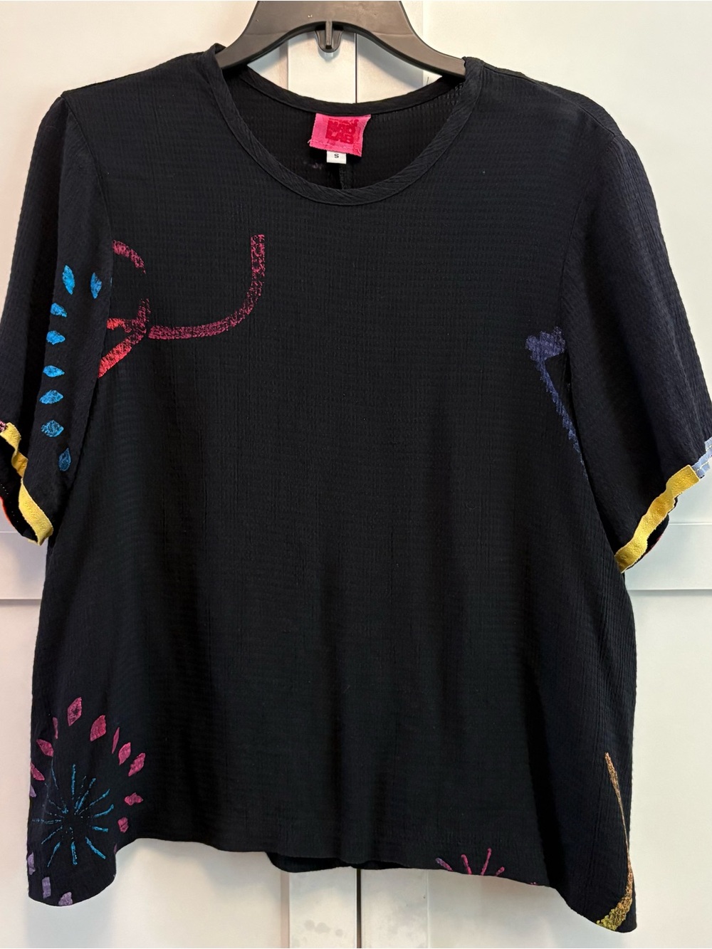 JG's Mad Lab Staley Gretzinger Black Multicolor Handpainted Patchwork Art Top S